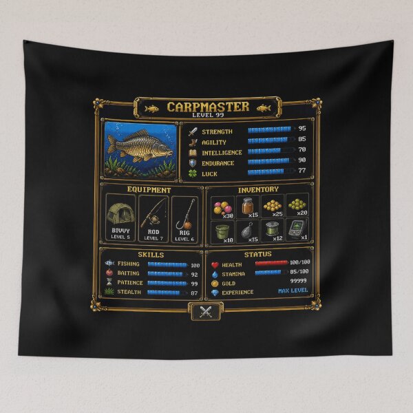 Item preview, Carpmaster Level 99 Retro Gaming RPG Fishing Parody designed and sold by GeekAnglerStore.