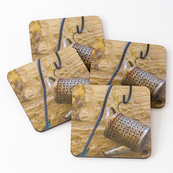 Item preview, Rusty Decorative Watering Can Hanging On Textured Yellow Stone Wall With Vintage Charm designed and sold by Nmallia.