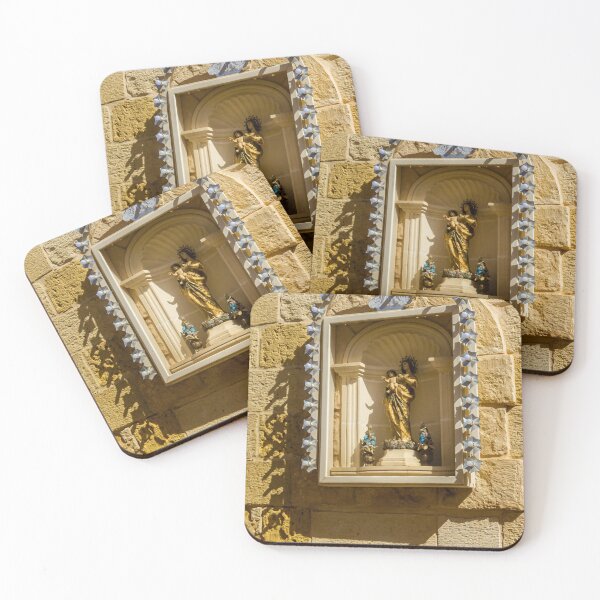 Item preview, Golden Madonna And Child Statue In Stone Wall Shrine Niche With Decorative Star Lights designed and sold by Nmallia.