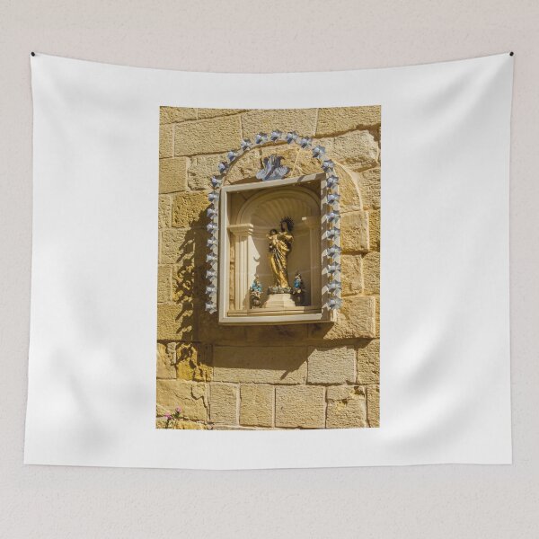 Item preview, Golden Madonna And Child Statue In Stone Wall Shrine Niche With Decorative Star Lights designed and sold by Nmallia.