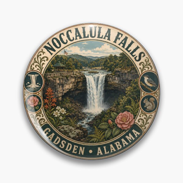 Item preview, Noccalula Falls Alabama Illustration Travel Art Badge designed and sold by KrisSidDesigns.