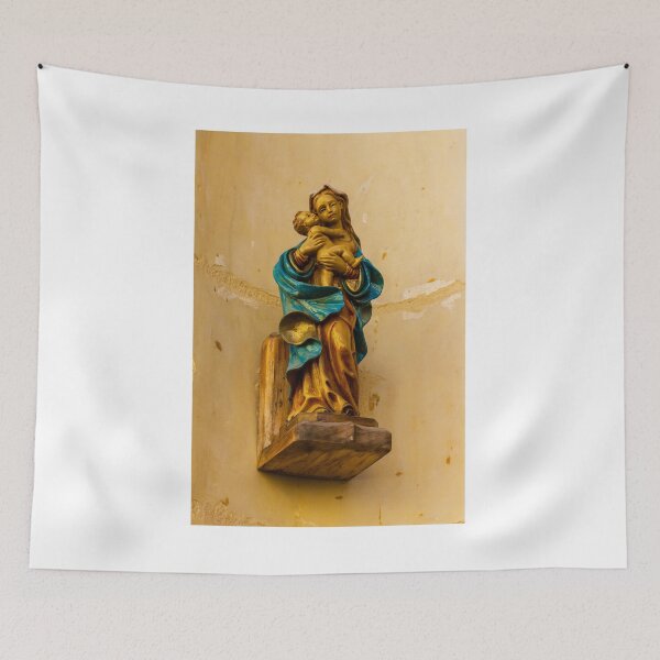 Item preview, Painted Wooden Madonna And Child Statue In Church Niche Holding Baby Jesus With Blue Cloak designed and sold by Nmallia.