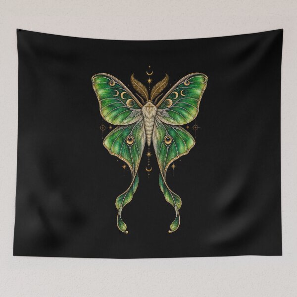 Item preview, Emerald Luna Moth with Moon Phases Witchcore Occult Art designed and sold by Anyshca.