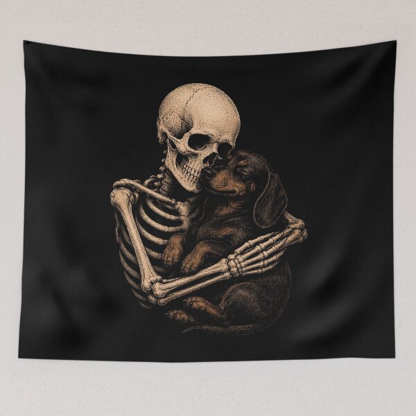 Item preview, Skeleton cuddling a dachshund in a warm embrace halloween designed and sold by rafaeltto.