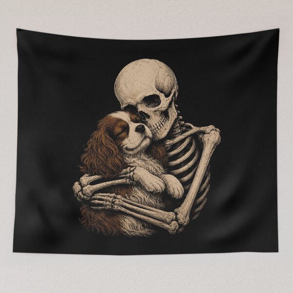 Item preview, Skeleton and Dog Embrace Art Cavalier King Charles Spaniel Halloween designed and sold by rafaeltto.