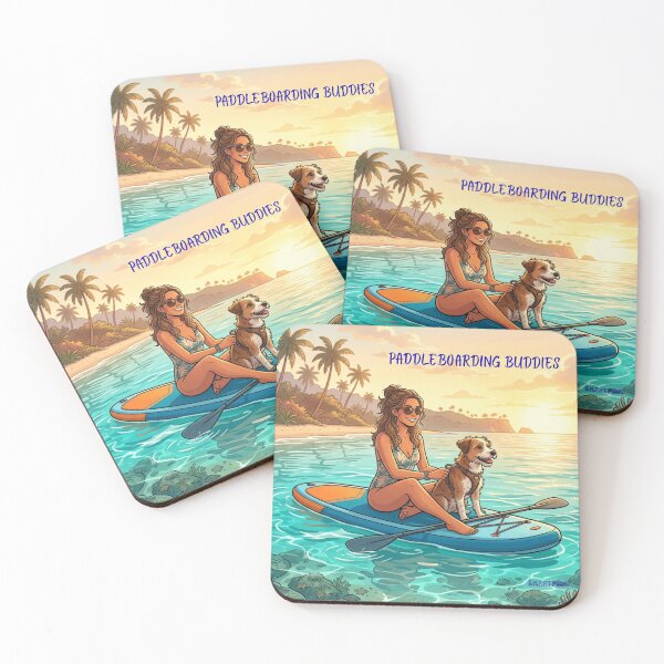 Item preview, PADDLEBOARDING BUDDIES – Cute Dog on Stand Up Paddleboard, Girl and Puppy Summer Beach Sunset Illustration, Retro Paddleboarding Apparel Graphic Poster designed and sold by SmartPuns.