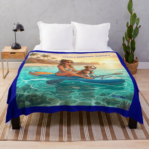 Item preview, PADDLEBOARDING BUDDIES – Cute Dog on Stand Up Paddleboard, Girl and Puppy Summer Beach Sunset Illustration, Retro Paddleboarding Apparel Graphic Poster designed and sold by SmartPuns.