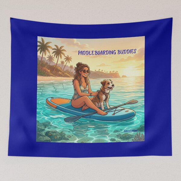 Item preview, PADDLEBOARDING BUDDIES – Cute Dog on Stand Up Paddleboard, Girl and Puppy Summer Beach Sunset Illustration, Retro Paddleboarding Apparel Graphic Poster designed and sold by SmartPuns.