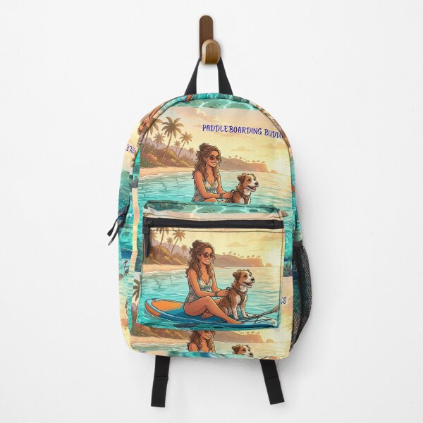Item preview, PADDLEBOARDING BUDDIES – Cute Dog on Stand Up Paddleboard, Girl and Puppy Summer Beach Sunset Illustration, Retro Paddleboarding Apparel Graphic Poster designed and sold by SmartPuns.