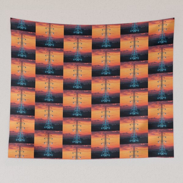 Item preview, Electricity Pylon Sunset Glowing Cyan Grid Art designed and sold by Pylon-Bureau.