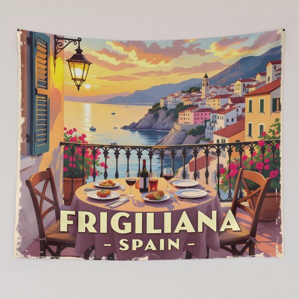 Item preview, Frigiliana, Spain: Harbour Balcony Dining Vintage-Style Painterly Travel Poster designed and sold by LSVart.
