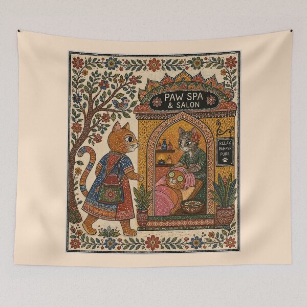 Item preview, Cat Spa & Salon – Pampered Cat Self Care Indian Folk Art designed and sold by HOUSE OF TIST.
