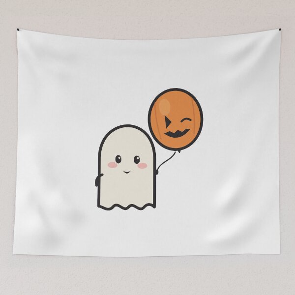 Item preview, Cute Halloween Ghost with Pumpkin Balloon | Kawaii Spooky Fall Illustration designed and sold by Moanx Store.