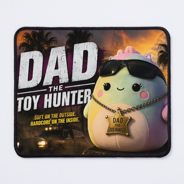 Item preview, DAD THE TOY HUNTER SQUISHY STUFFED ANIMAL This image is a promotional graphic, styled like a movie poster parody, featuring a plush toy character. designed and sold by EXPLOSIVE DESIGNS.