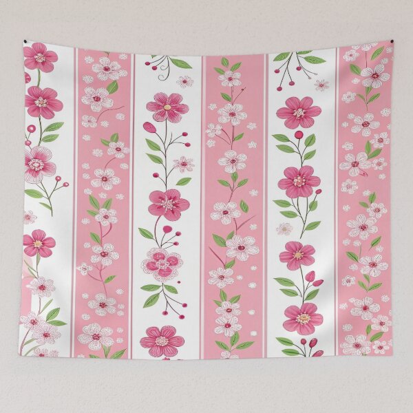 Item preview, Floral Pattern with Delicate Pink Blossom Flowers with Striking Vertical Stripes and Soft White Background Botanical Illustrations designed and sold by Matt_Smith.