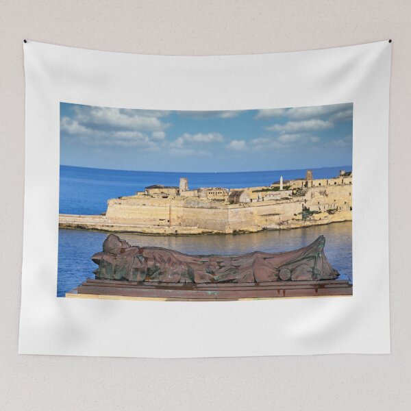 Item preview, Siege Bell War Memorial and Fort Ricasoli across Grand Harbour, Valletta, Malta designed and sold by goceris.