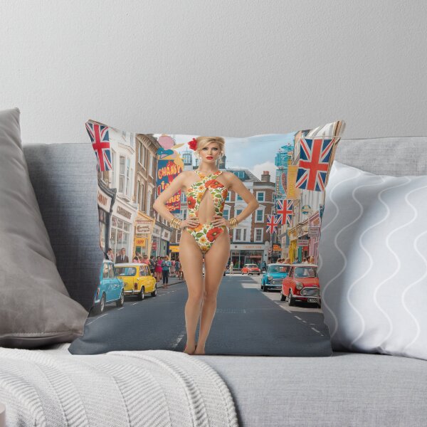 Artikelvorschau, London, Carnaby Street der 60er Jahre – Riesiges Mod-Girl im geblümten Badeanzug mit Mini Coopers | Swinging Sixties entworfen und verkauft von Ela Art Space .