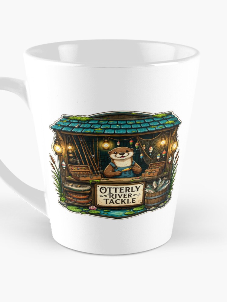 Aperçu 3 sur 4. Mug à café avec l'œuvre Otterly River Tackle | Whimsical Woodland Fishing Shop créée et vendue par MrDev.