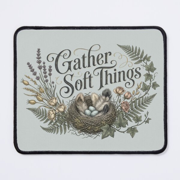 Item preview, Gather Soft Things Nest Feathers Dried Flowers Cozy Cottagecore Print designed and sold by FogandFinch.