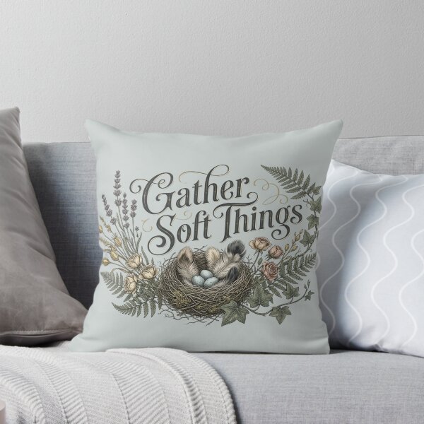 Item preview, Gather Soft Things Nest Feathers Dried Flowers Cozy Cottagecore Print designed and sold by FogandFinch.
