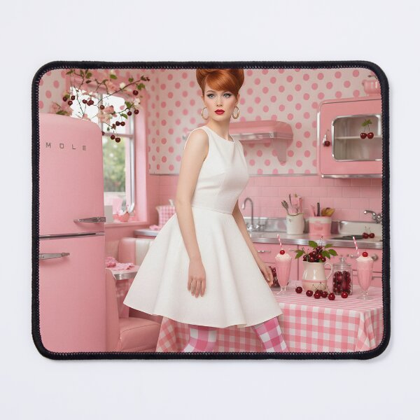 Item preview, 60s Cherry Pink Kitchen - Mod Girl in White Dress with Gingham Tights | Swinging Sixties designed and sold by Ela Art Space .