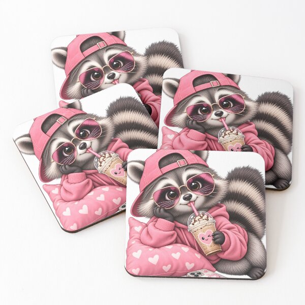 Item preview, Cute Pink Raccoon Coffee Lover designed and sold by TinyWeird.