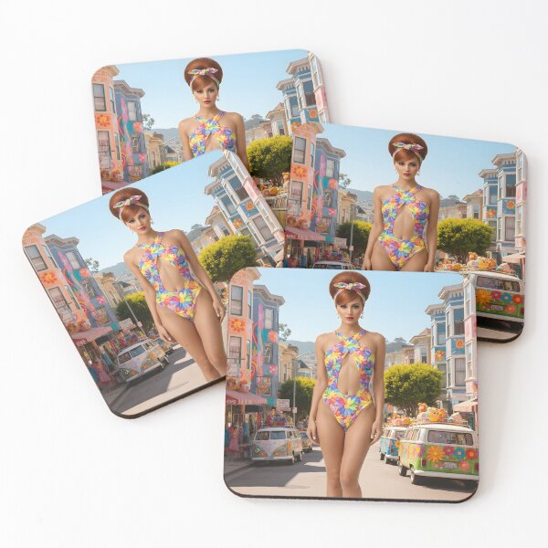 Item preview, 60s Haight-Ashbury San Francisco - Mod Girl in Flower Power Swimsuit with VW Buses | Swinging Sixties designed and sold by Ela Art Space .