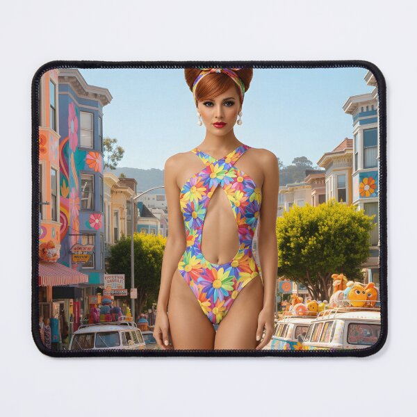 Item preview, 60s Haight-Ashbury San Francisco - Mod Girl in Flower Power Swimsuit with VW Buses | Swinging Sixties designed and sold by Ela Art Space .