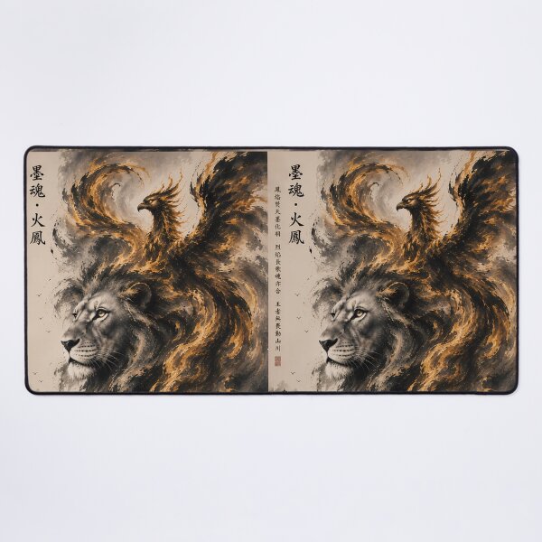 Item preview, Lion and Phoenix – Black and Gold Eastern Ink Fantasy designed and sold by ManJiangHong.