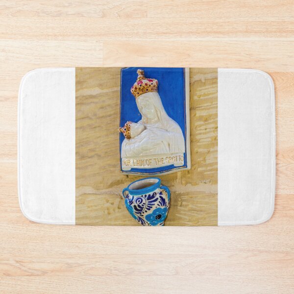 Item preview, Our Lady Of The Grotto Ceramic Madonna And Child Plaque With Blue Floral Holy Water Vase designed and sold by Nmallia.