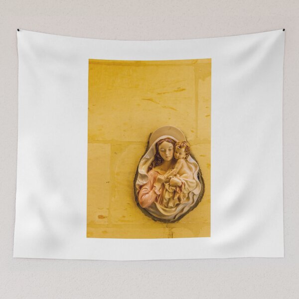 Item preview, Madonna and Child Ceramic Relief on Yellow Wall — Virgin Mary Holding Baby Jesus Religious Statue designed and sold by Nmallia.