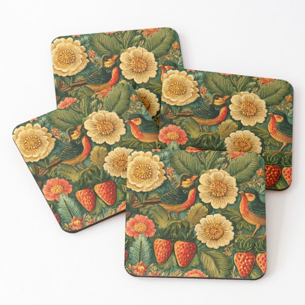 Item preview, Cottagecore Strawberries Birds Floral Garden Pattern designed and sold by PixelPanduh.
