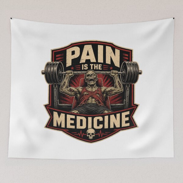 Item preview, Pain Is The Medicine Zombie Skull Bench Press Gym Emblem designed and sold by Simon-art-land.