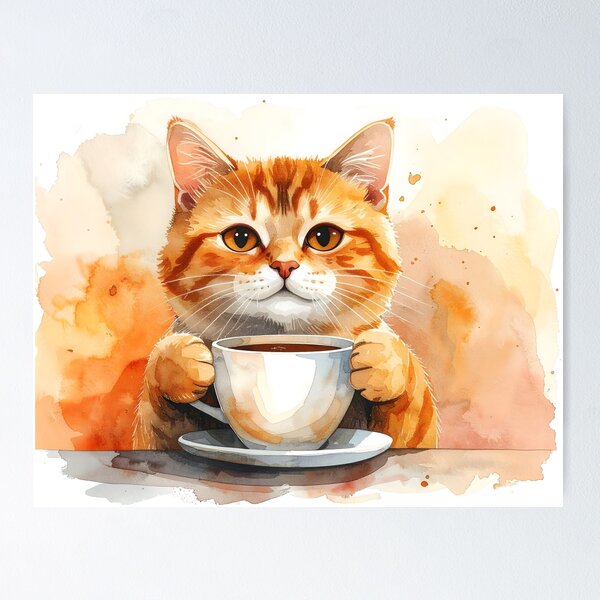 Item preview, Cozy Cat Holding Warm Coffee Mug Watercolor designed and sold by BetweenForms.