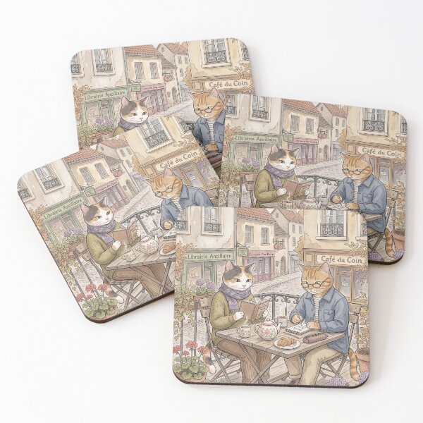 Item preview, Watercolor illustration of cats reading and drawing in a Parisian cafe designed and sold by TheCoolCatsMx.