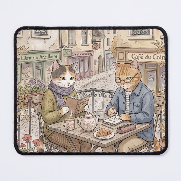 Item preview, Watercolor illustration of cats reading and drawing in a Parisian cafe designed and sold by TheCoolCatsMx.