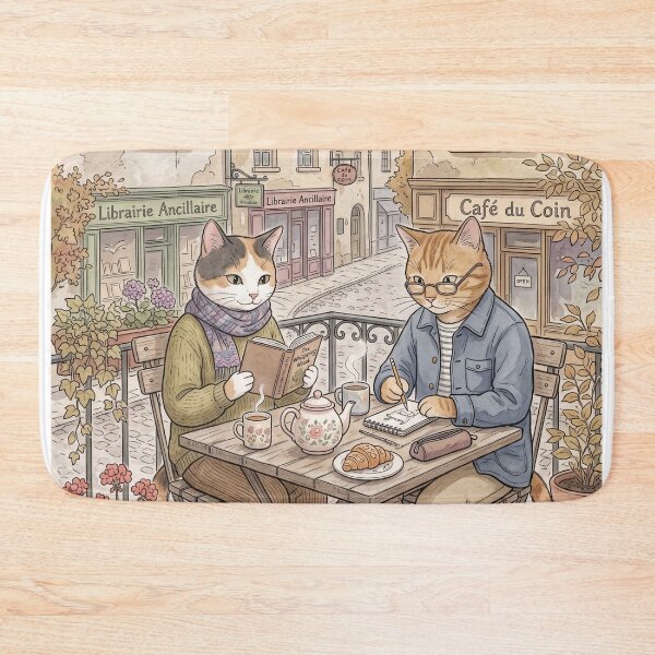 Item preview, Watercolor illustration of cats reading and drawing in a Parisian cafe designed and sold by TheCoolCatsMx.