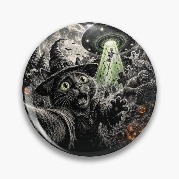 Item preview, Cat Selfie with Bigfoot Skeleton Alien UFO Funny Halloween designed and sold by will freed18.