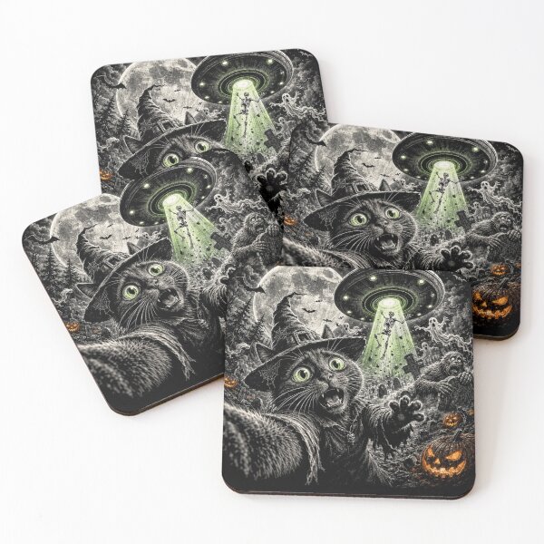 Item preview, Cat Selfie with Bigfoot Skeleton Alien UFO Funny Halloween designed and sold by will freed18.