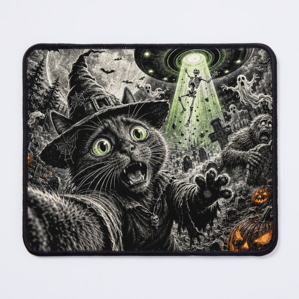 Item preview, Cat Selfie with Bigfoot Skeleton Alien UFO Funny Halloween designed and sold by will freed18.