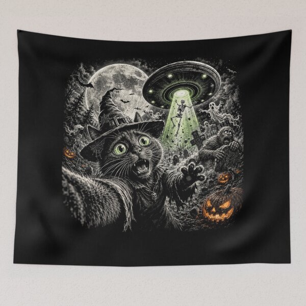 Item preview, Cat Selfie with Bigfoot Skeleton Alien UFO Funny Halloween designed and sold by will freed18.