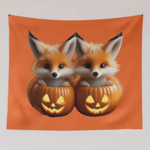 Item preview, Two Cute Foxes Sitting in Halloween Pumpkins designed and sold by LenNo9881.