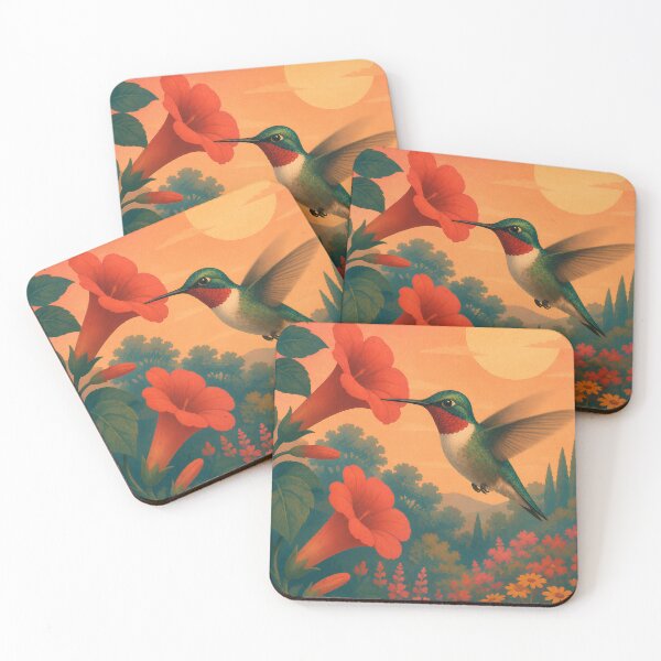 Item preview, Ruby-Throated Hummingbird and Trumpet Flower - Sunset Garden Bird Art designed and sold by Neurospicy Trolls.