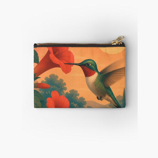 Item preview, Ruby-Throated Hummingbird and Trumpet Flower - Sunset Garden Bird Art designed and sold by Neurospicy Trolls.