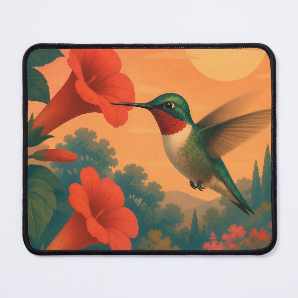 Item preview, Ruby-Throated Hummingbird and Trumpet Flower - Sunset Garden Bird Art designed and sold by Neurospicy Trolls.
