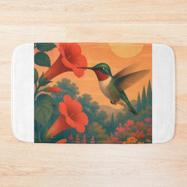 Item preview, Ruby-Throated Hummingbird and Trumpet Flower - Sunset Garden Bird Art designed and sold by Neurospicy Trolls.