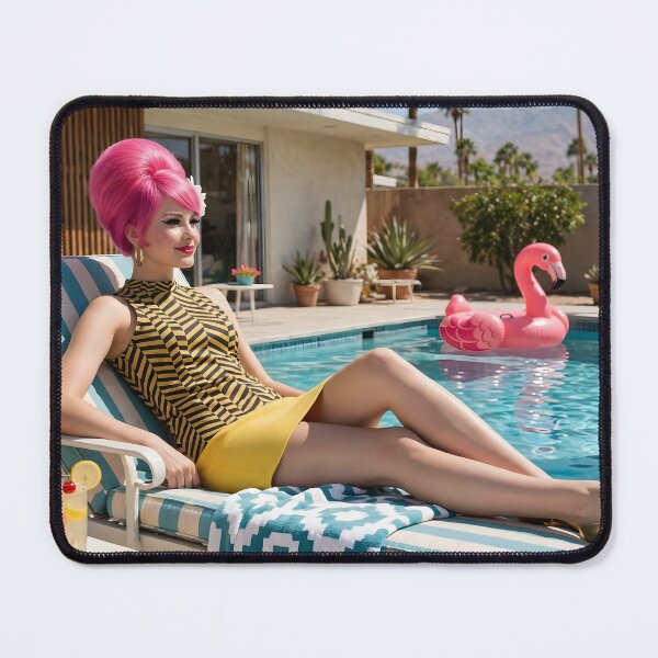 Item preview, 60s Palm Springs Pool Lounge - Pink Beehive Mod Girl by the Pool with Flamingo Float | Mid Century Poolside designed and sold by Ela Art Space .