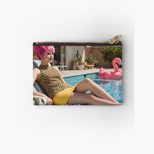 Item preview, 60s Palm Springs Pool Lounge - Pink Beehive Mod Girl by the Pool with Flamingo Float | Mid Century Poolside designed and sold by Ela Art Space .