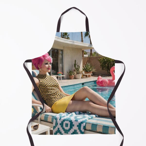 Item preview, 60s Palm Springs Pool Lounge - Pink Beehive Mod Girl by the Pool with Flamingo Float | Mid Century Poolside designed and sold by Ela Art Space .