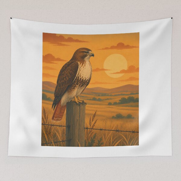 Item preview, Red-Tailed Hawk on Fence Post - Sunset Prairie Raptor Art designed and sold by Neurospicy Trolls.
